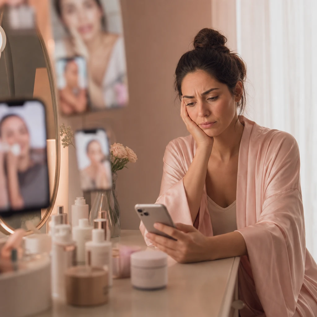 Mulher sobrecarregada com excesso de informação sobre skincare nas redes sociais